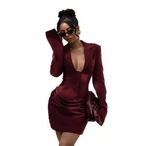2026 Autumn Winter New High Street Fashion Blazer Dress Women's Sexy Deep V-neck Front Button Pleated Pencil Short-length High