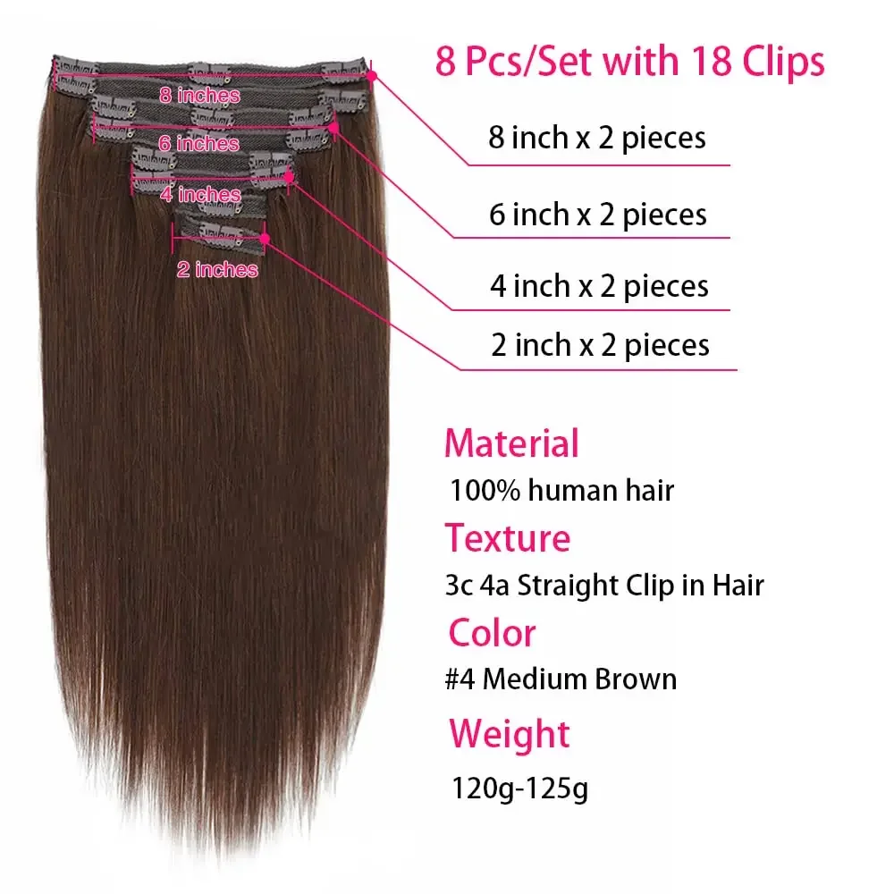 Extensions de cheveux à clipser #4 Chocolat Cheveux humains brésiliens raides Extensions de cheveux humains à clipser 8 pièces Cheveux Remy pour femmes_voghion.com