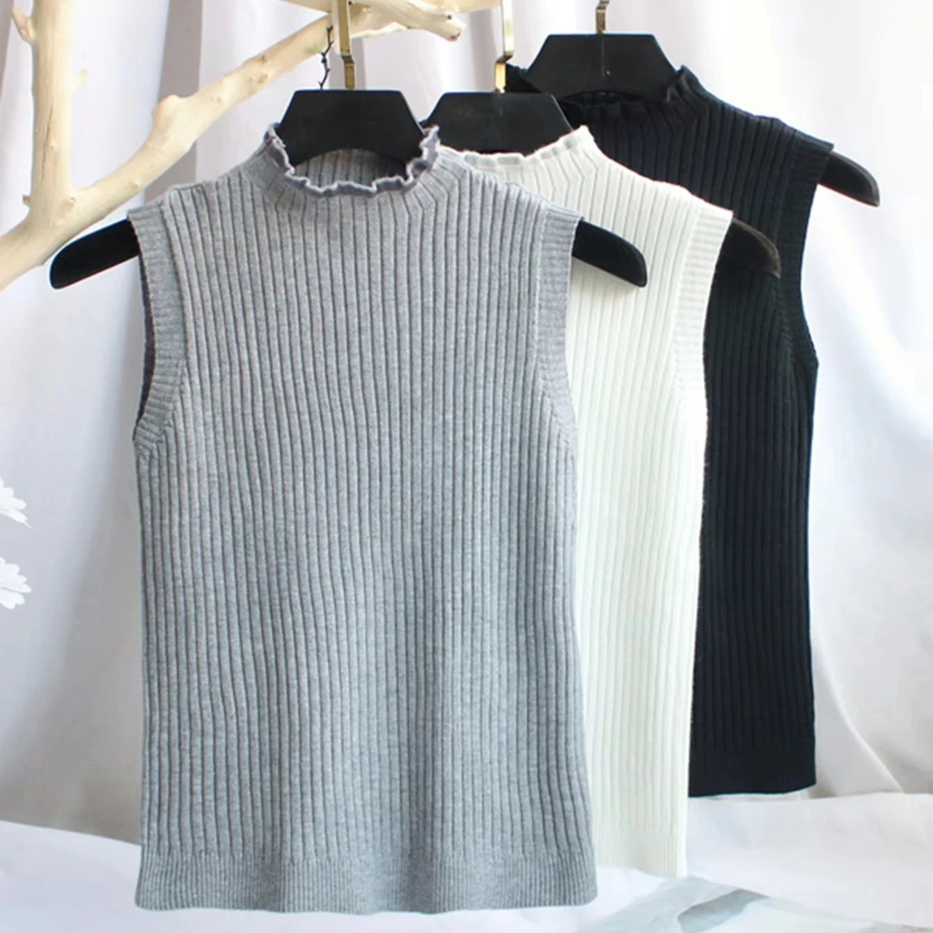 LHY Summer Ice Silk Knitted Vest Half Neck Sleeveless Slim Fit