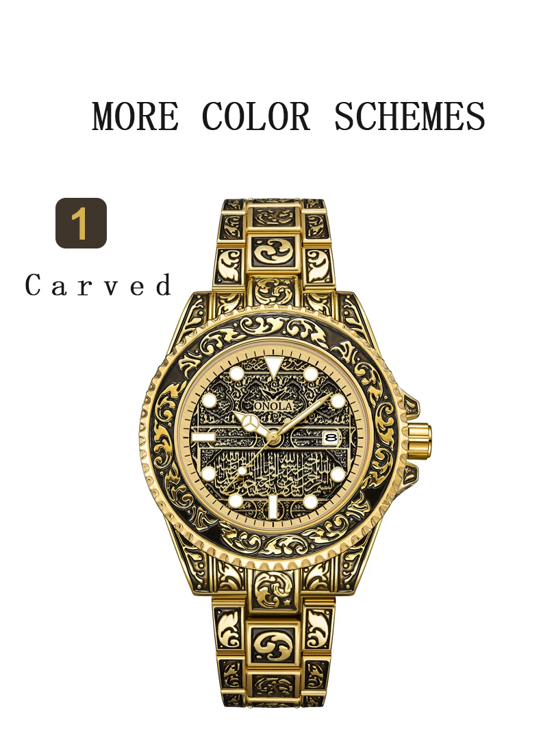 ONOLA 3830 44mm Automatic Mens Quartz Watches Gold Watch for Men Waterproof Luxury Arabic Wrist Watches