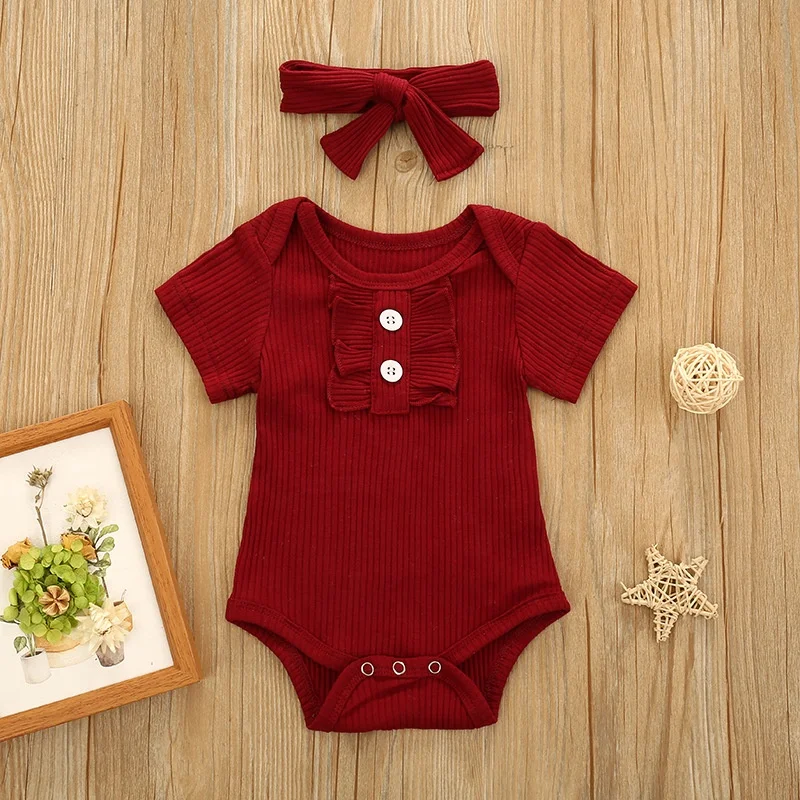 Оптовая продажа; Одежда для новорожденных девочек; Бордовый/розовый комбинезон с короткими рукавами и бантом в комплекте