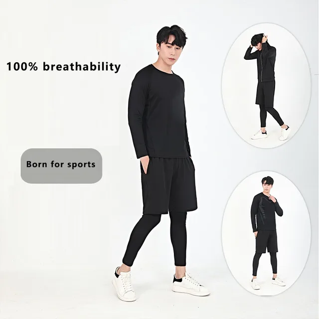 Sports fitness five-piece set breathable quick-drying clothes Football basketball training clothes Running clothes tights men