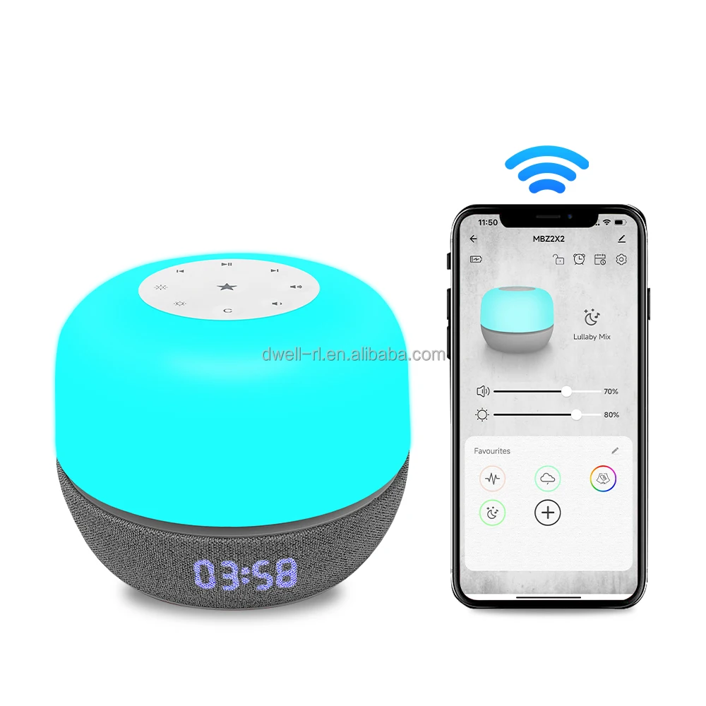 Wifi zvukový stroj pro děti, noční světlo, trénink spánku, plánovač rutiny, budík s indikací času probuzení, bílý šum a uklidňovač pro dětský pokoj