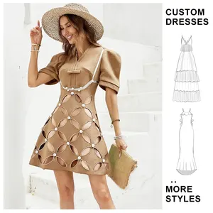 Custom New Design Casual Dresses Fashion Elegant High Quality Dress Short Sleeve V Neck Summer Beaded Cutout Short Women Dress