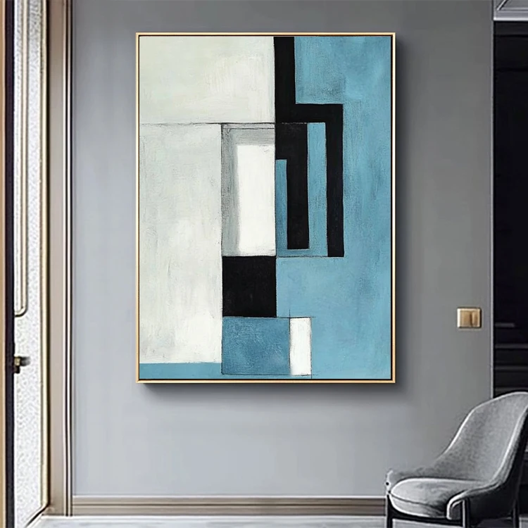 Hand Painted Acrylic Minimalist Artwork Abstract Painting Blue Grey Geometric Hotel Decorative Wall Art