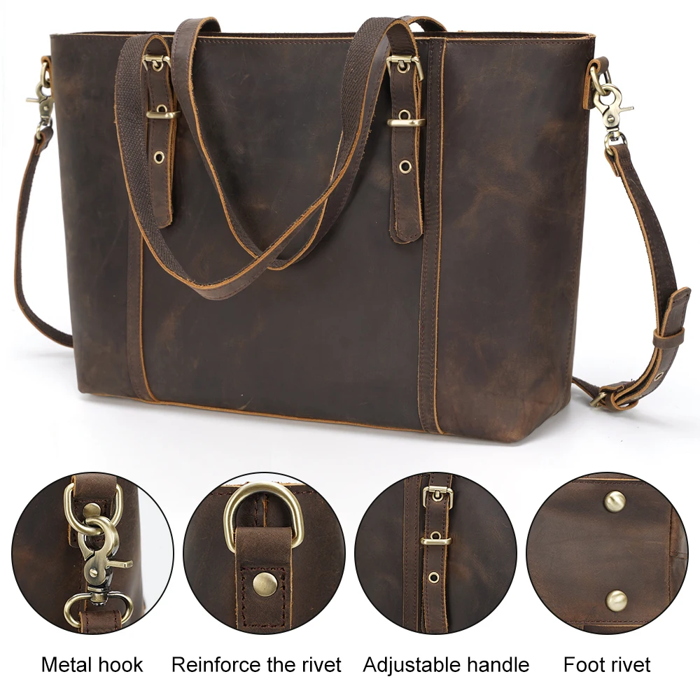 Custom Logo Lady Brown Shoulder Bag Women Genuine Full Grain Leather Tote Bag for Daily Retro Crazy Horse Leather Handbag