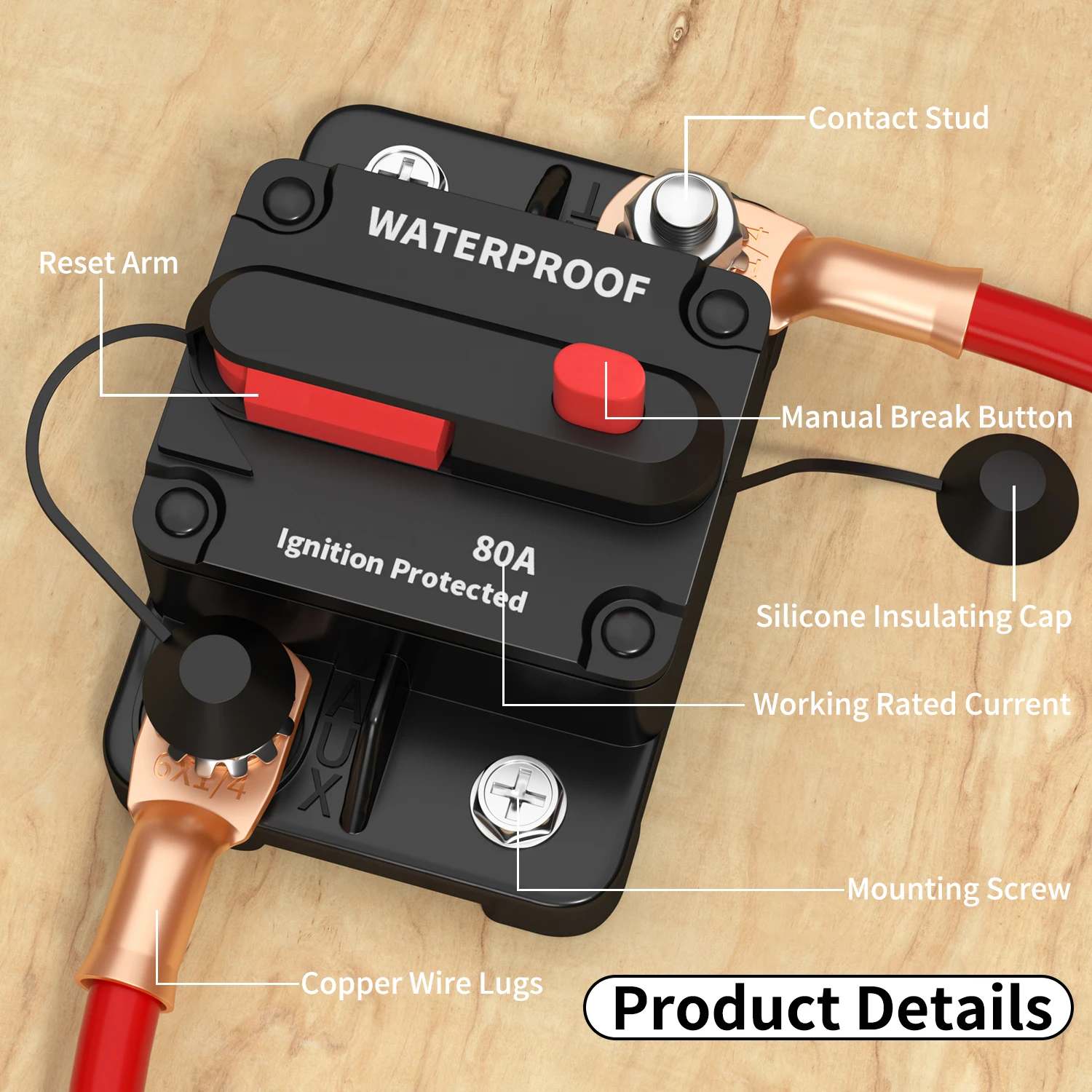 Automatic Circuit Breakers 80A 12V DC Circuit Breaker Waterproof with Manual Reset for Boats Truck Audio/Video Systems