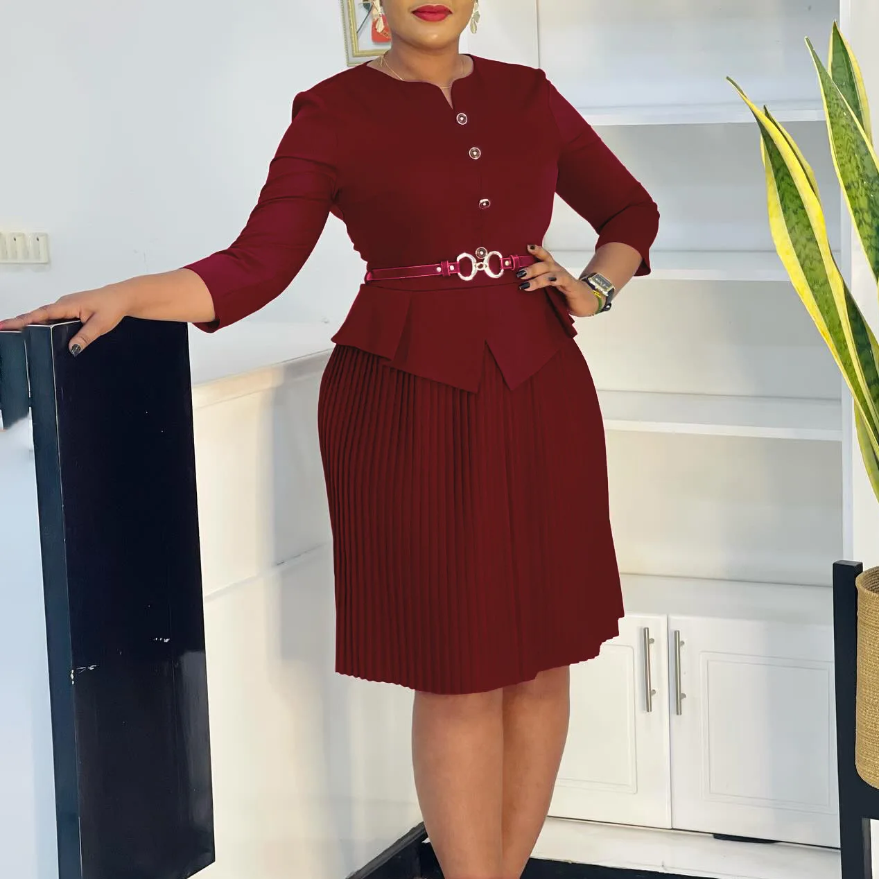New Solid Color Elegant Fashionable Flowing High Waist Pleated African  Office Classy 3/4 Sleeve Formal Women Dress With Belt