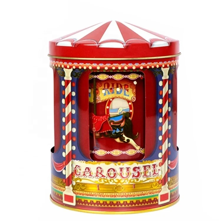 New Christmas large luxury food grade cookie biscuit sweet tin can empty kids gift metal round musical tin box