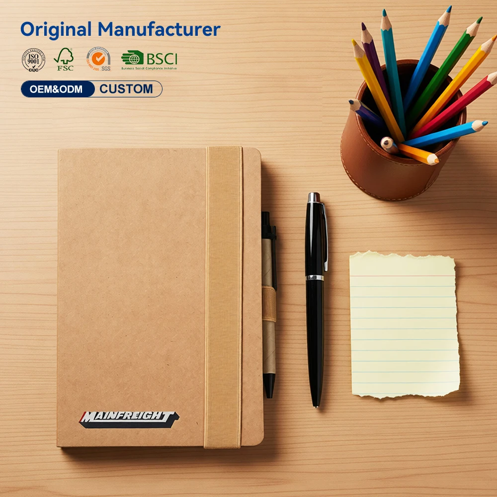 Classical Customizable Branded Leather Bound Durable College Ruled Journal A5 Hardback Conference Writing Notebook Strap