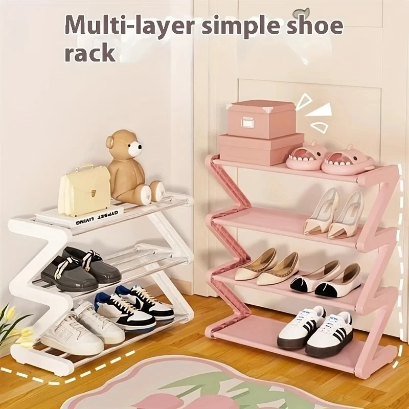 4-Tier Pink Z-Shaped Shoe Rack - Floor-Mounted Storage Rack for Living Room Bedroom & Entryway|Shoe Rack|Shoe Storage Organizer