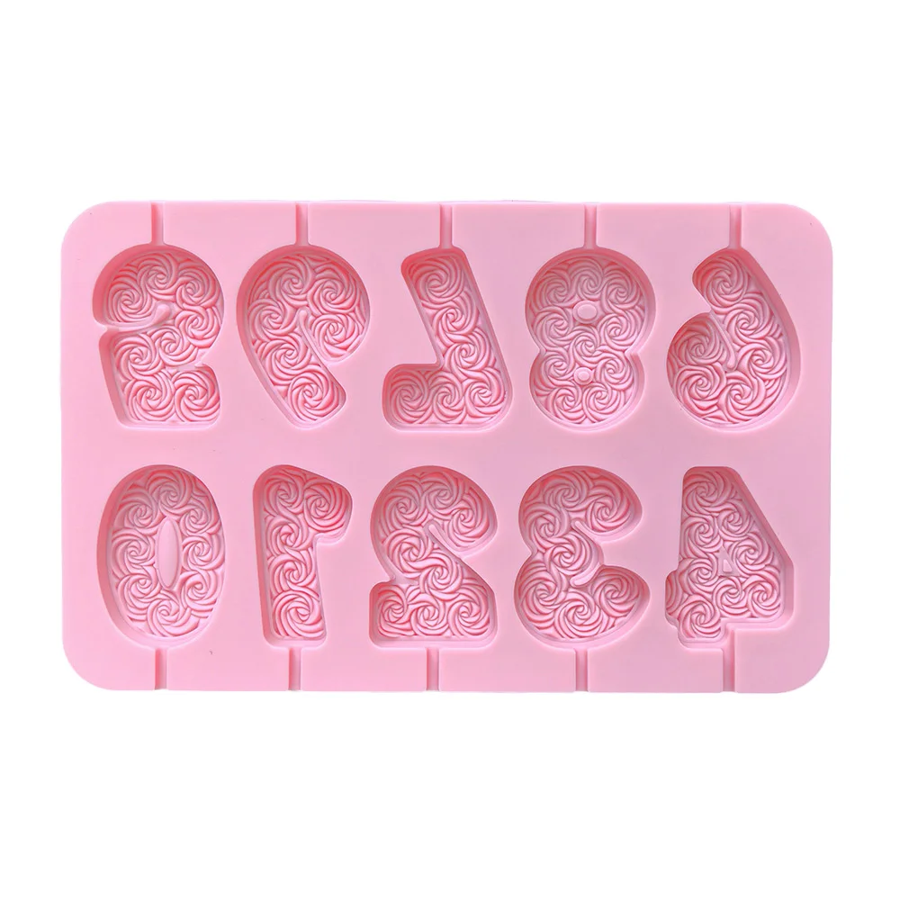 Rose Pattern 0-9 Numbers Shape Lollipop Silicone Mold Handmade 3D Chocolate Cake Jelly Candy Silicone Mold factory