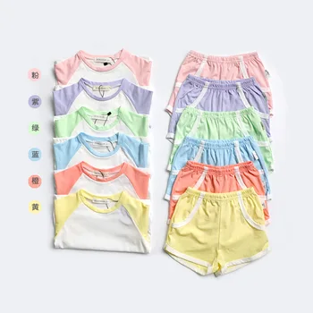 Children's wear Summer boys and girls Cotton contrast color raglan sleeve two-piece Suit sports and leisure