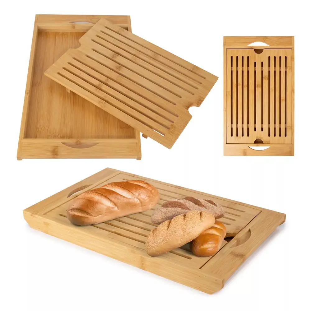 product custom bambookitchen bread cutting board with bread crumb collector tray chopping board tea tray with drip tray-4