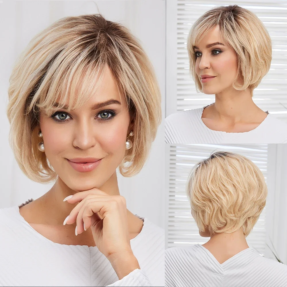 Ombre Brun Blond Äkta Hår Lace Front Peruk Kort Naturlig Vågig Bob Remy Peruk för Vita Kvinnor_voghion.com