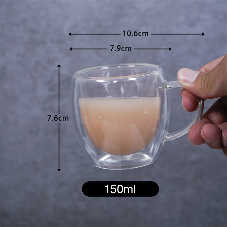 Manufacture custom multiple capacities double walled glass coffee cup mug with handle factory