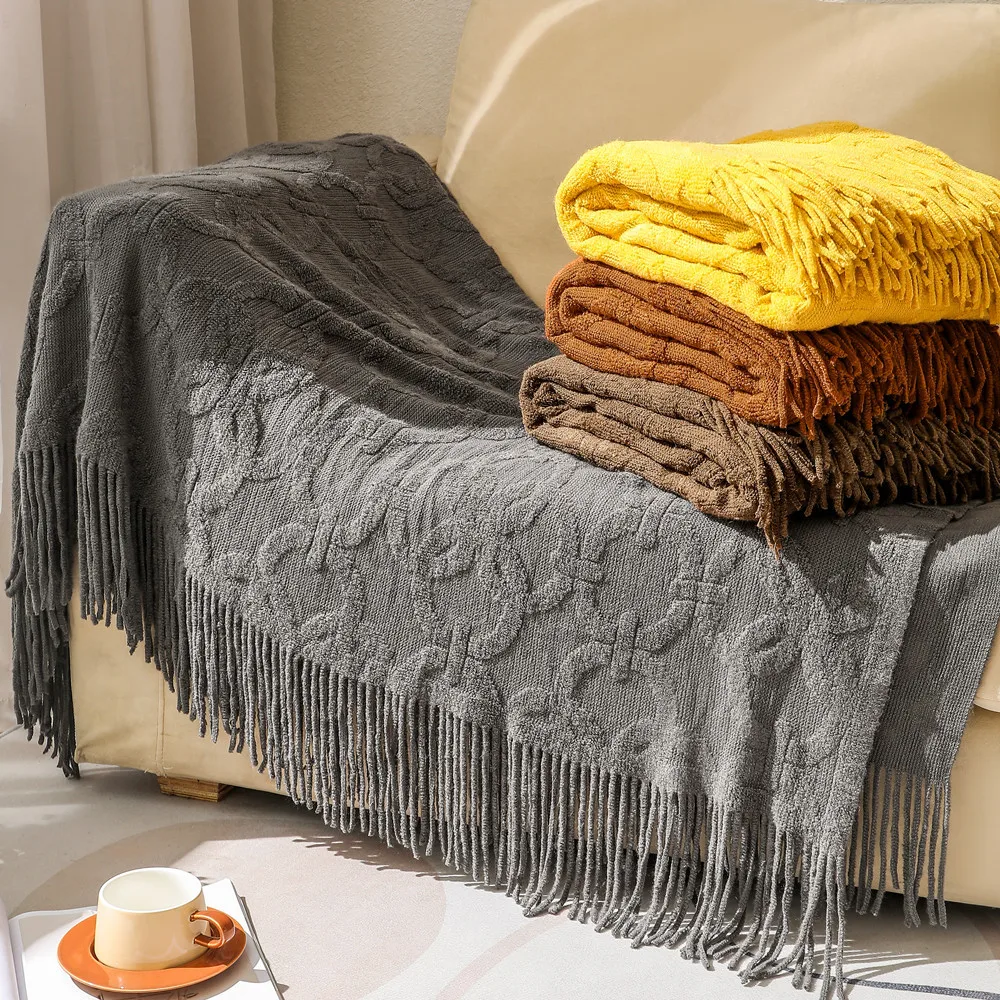 Factory Fringe Knit 100% Acrylic Jacquard Solid Home Decor Striped Pattern Throw Blankets for Chair Sofa Couch Bed-for Hotels supplier