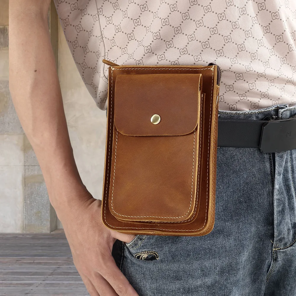 New Design Custom Genuine Cow Leather Wallet Purse Mini Shoulder Men Waist Bag Crazy Horse Real Leather Mobile Cell Phone Bag