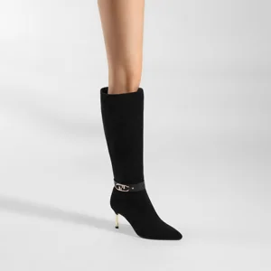 Women's Black Faux  Suede Pointed Toe Knee-High Stiletto Boots with Gold Metal Heel & Ankle Strap