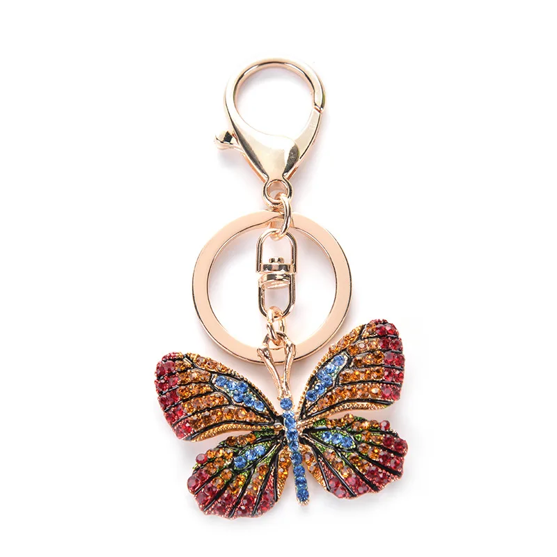 Unisex Fashionable Rhinestone Butterfly Keychain With Leather