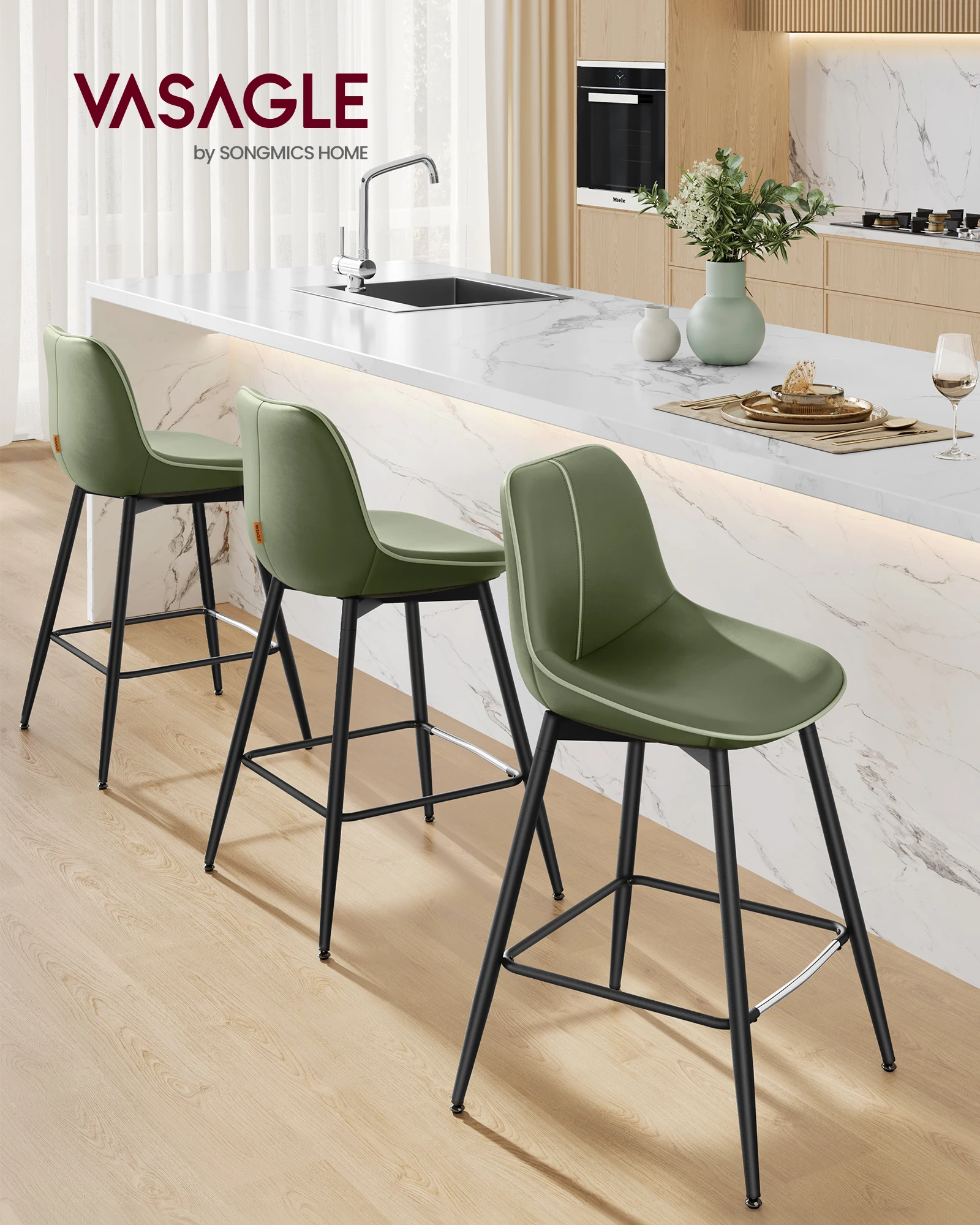 VASAGLE Synthetic Leather Bar Stools Set of 2 High Stool bar Chairs for Kitchen Island Green Bar Stools with Ergonomic Backrest