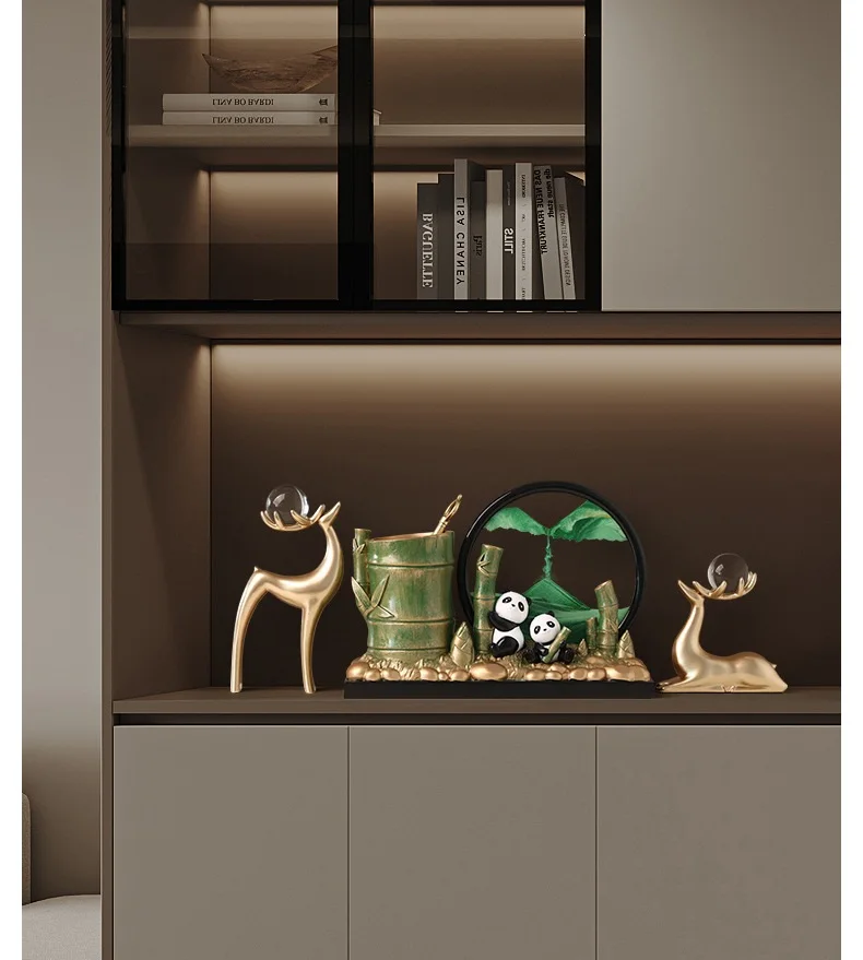 Golden Deer Figurines Panda Bamboo Pen Holder Set Modern Chinese Style Home Office Desk Decorative Ornament Collection