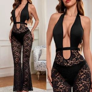 Viviblook Z927JP02 Club Wear Sexy Hollow Lace See Through Hollow Flared Jumpsuit One Piece Sexy Bodycon Jumpsuits for Women