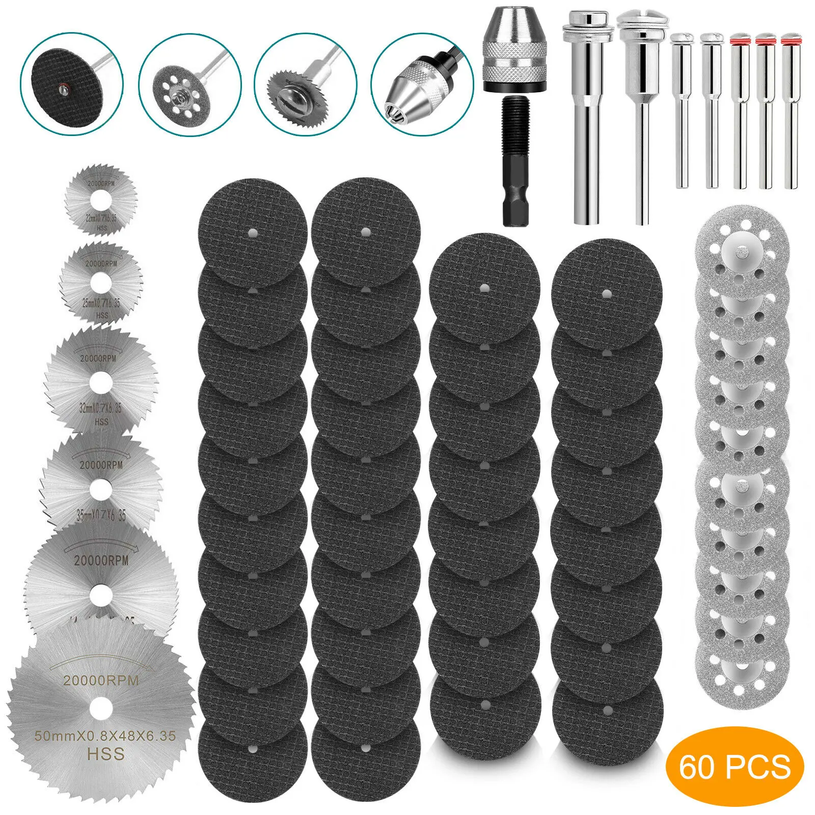 60pcs Diamond Cutting Wheels HSS Circular Saw Blades Die Grinder Metal Wood Cut Off Disc Rotary Tool Drilling Accessories