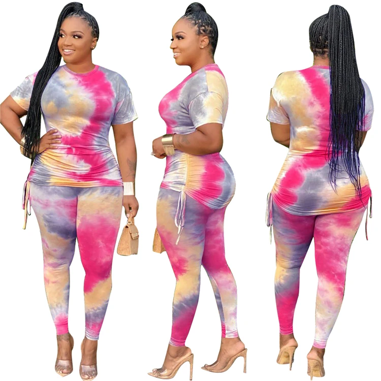 Casual Ladies Outfits Printed T-shirt Long Pants Plus Size Summer Women 2 Piece Set