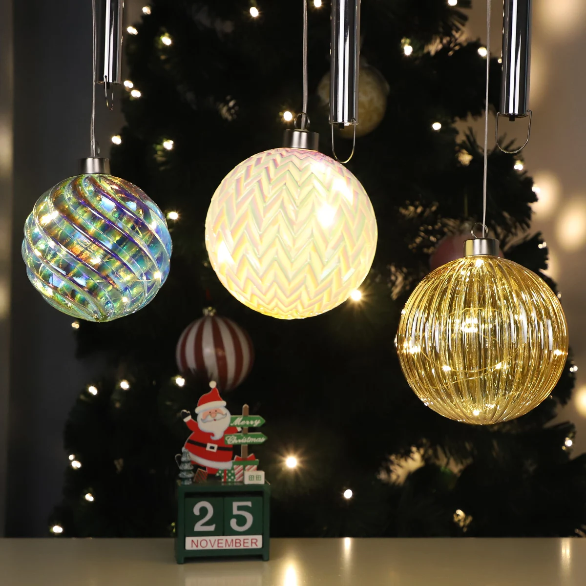 2024 Decorative Glitter Golden Round Hanging Ball Christmas Home Float Balls New Year Festival Party Modern Pendant Lights