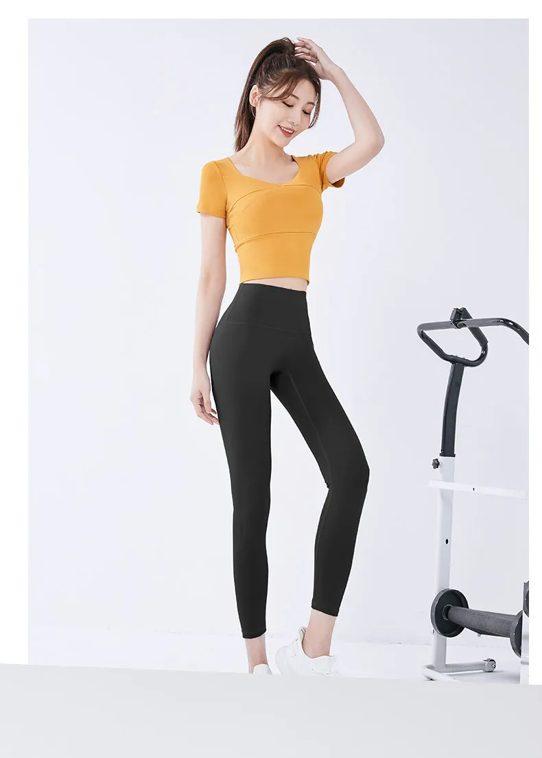 Wholesale High lmpact Crop Tops Yoga Clothing Short Sleeves Quick-drying Elastic Band Chest Pad Women Sports Bra Tights Sleeves supplier