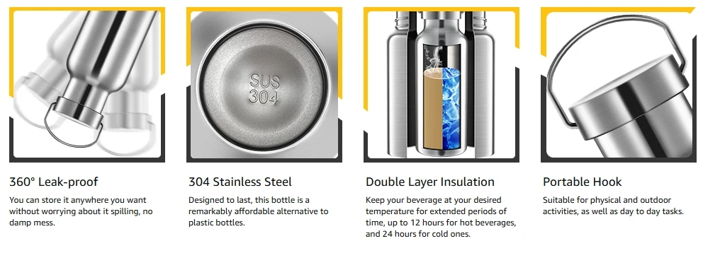 AHTECH Stainless Steel Sport Water Bottle - Double Wall Insulated