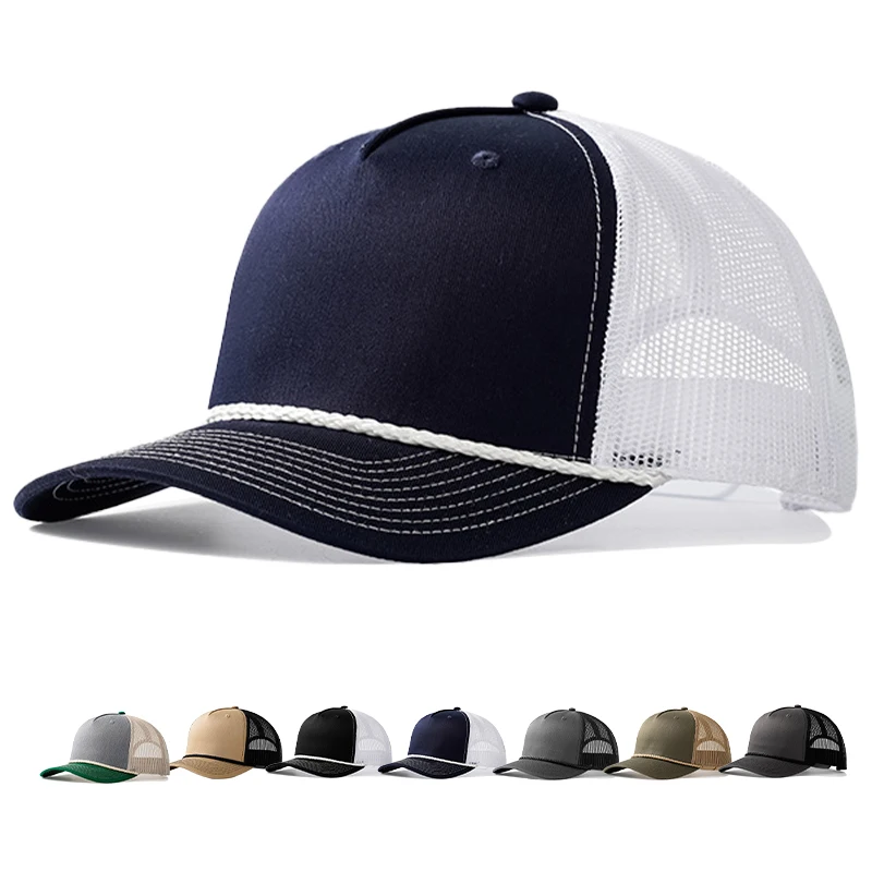Custom High Quality Blank Mesh Back Trucker Hat Wholesale Custom Embroidered 5 Panel Cotton Trucker Hat With Rope