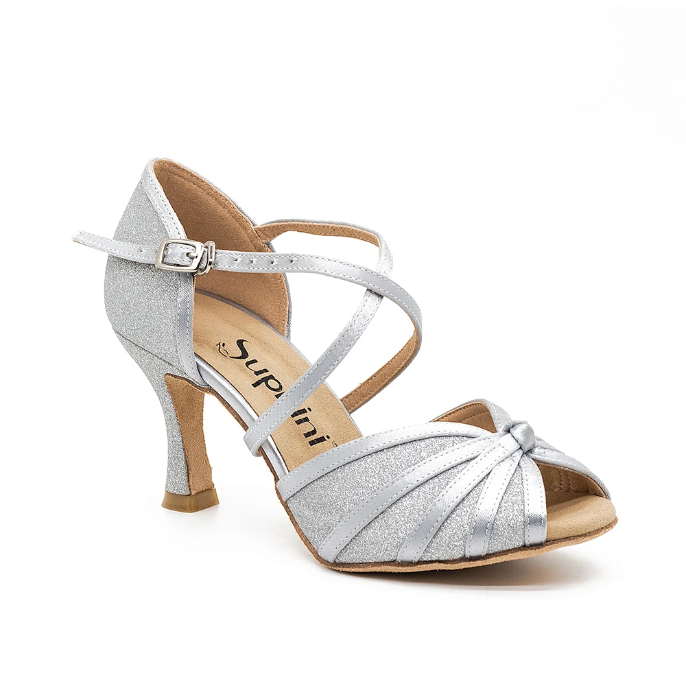 Серебристые Сатиновые блестящие женские сандалии для бальных танцев с открытым носком для латинских танцев сальса