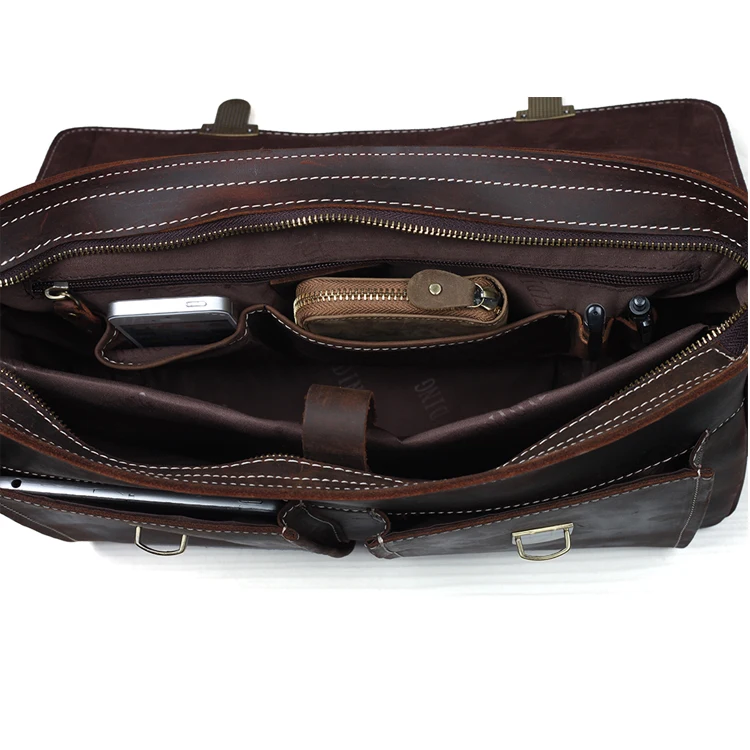 OEM Custom Vintage Style Brown Crazy Horse Leather Mens Shoulder 14 Inches Laptop Bag Leather Messenger Briefcase