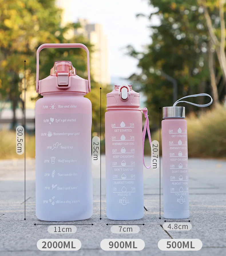 Gradient Plastic Sports Fitness 3-piece Water Bottle Portable Straw Space Cup Outdoor Family Water Bottle Set with Time Mark