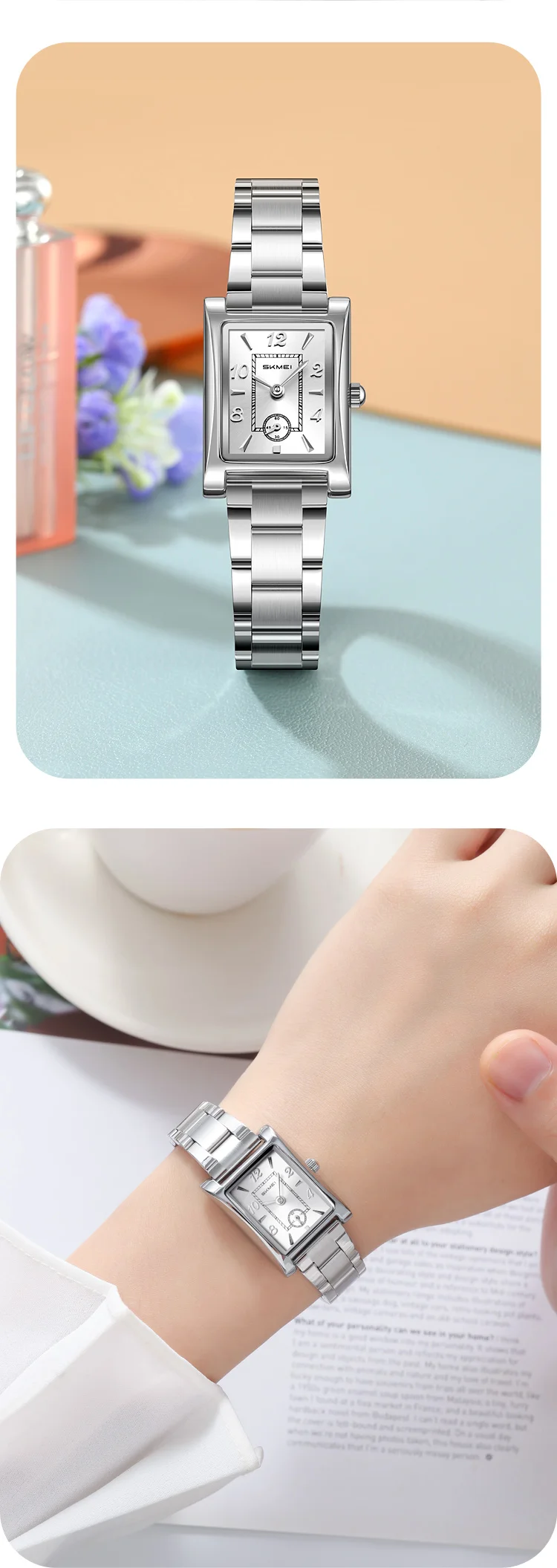 Skmei 2570 Elegant Fashion Women Quartz Watch Costume Stainless Steel Band Waterproof Rectangle in Stock Casual Watch Set