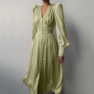 Satin Midi Dress for Women 2025 Autumn Winter Draped Prom Elegant Dresses Ladies Sexy Club Party Dresses