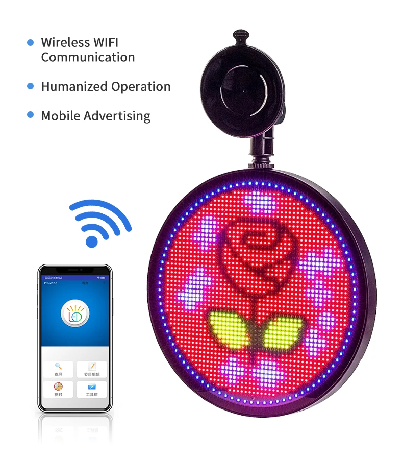 Round Design Light Up Car Sign Emotion App Control Programmable Led