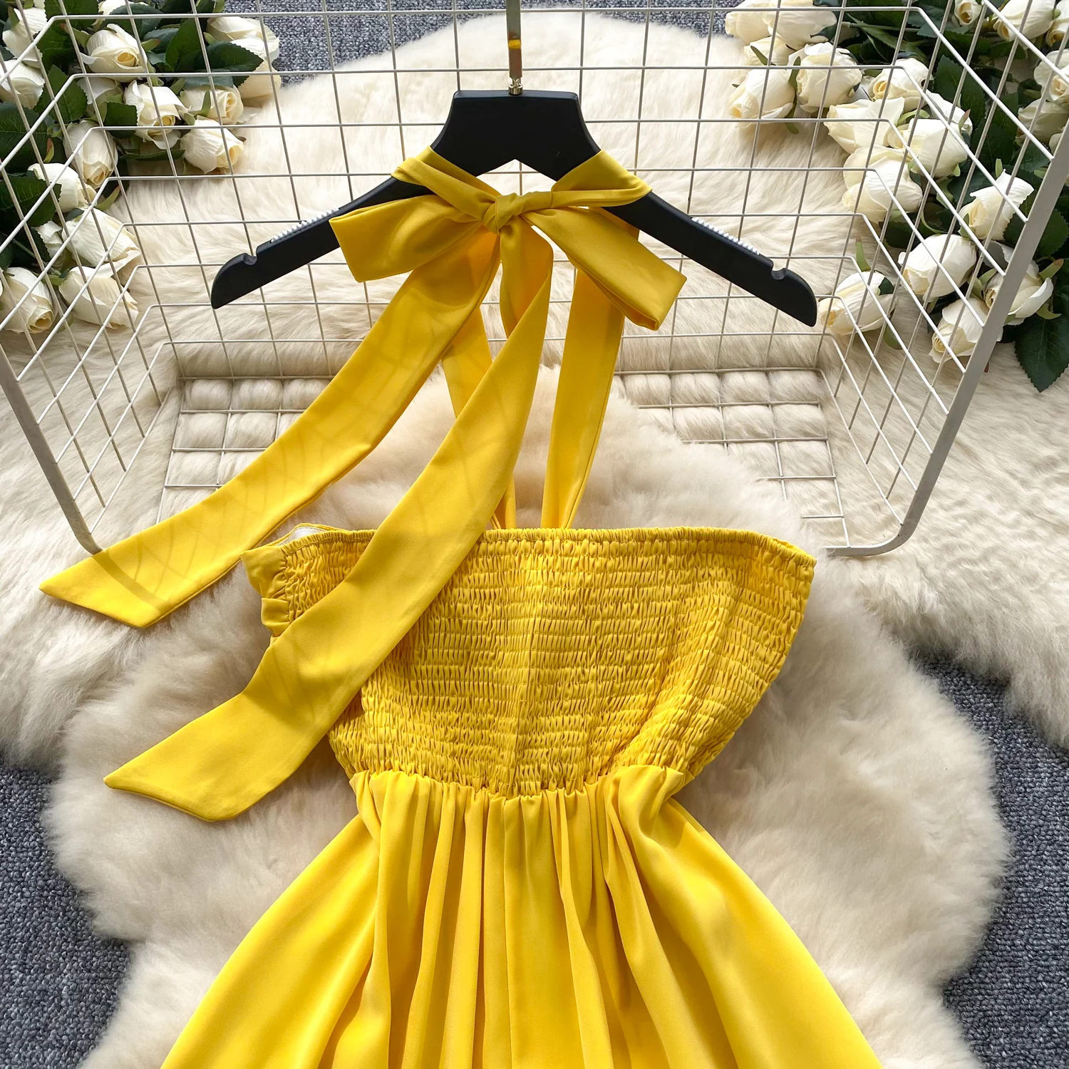 Waist Mesh Dress LW1244 Twist Front Halter Neck Tie-Waist A-Line Dress  Women'S Chic Vacation Gown Halter Neck Dress