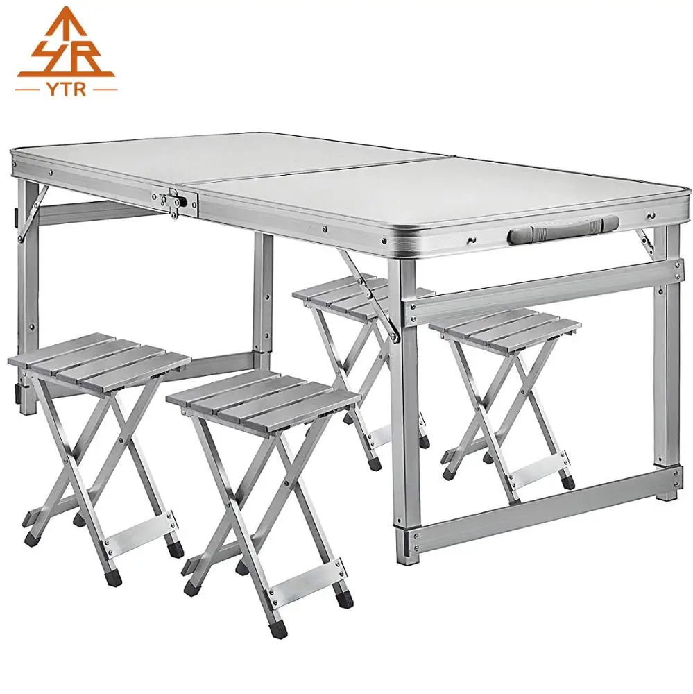 Aluminum Folding Camping Picnic Table With 4 Bench Chair Stool Seat Portable Set 