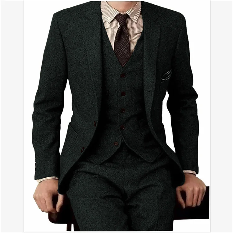 Herringbone Tweed Men Slim Fit Suits Winter Wool Fashion Groom Tuxedos New Design Blazer Vest Pants Men 3 Piece Suits