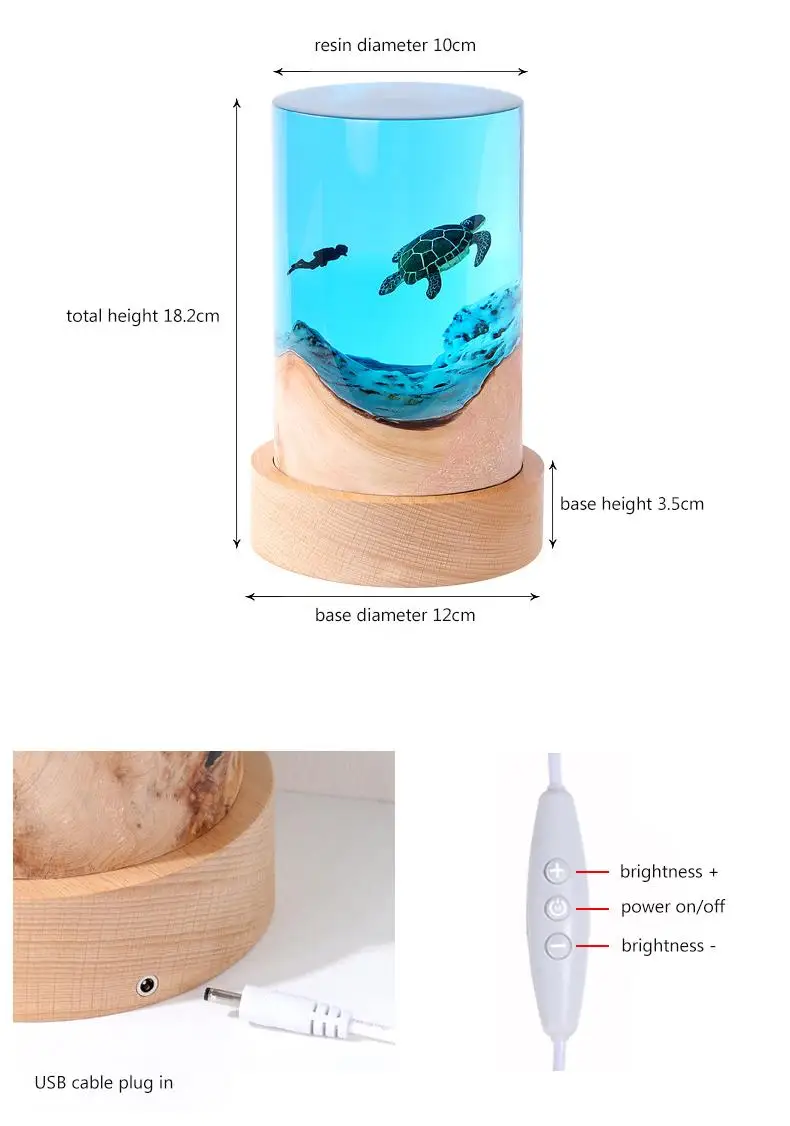 Fdit Lampada Notturna In Resina Con Pesci E Tartaruga – Luce LED Subacquea USB – Base In Legno – 18 Cm