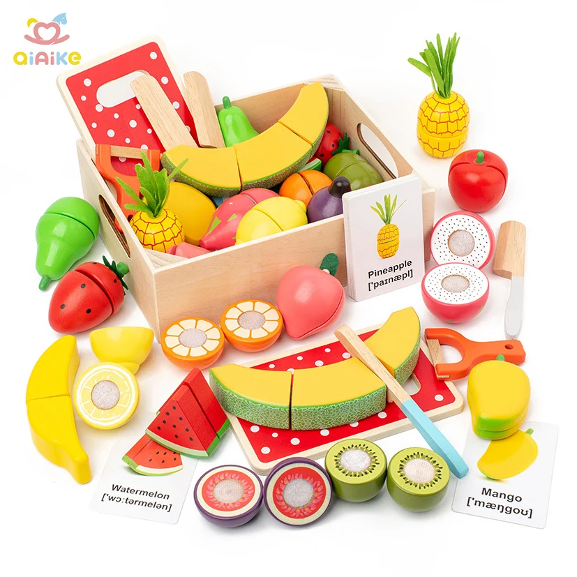 Ensemble de 19 pièces de découpe d'aliments en bois pour tout-petits, jeu de simulation de cuisine, fruits, cadeau pour garçons et filles, jouets éducatifs