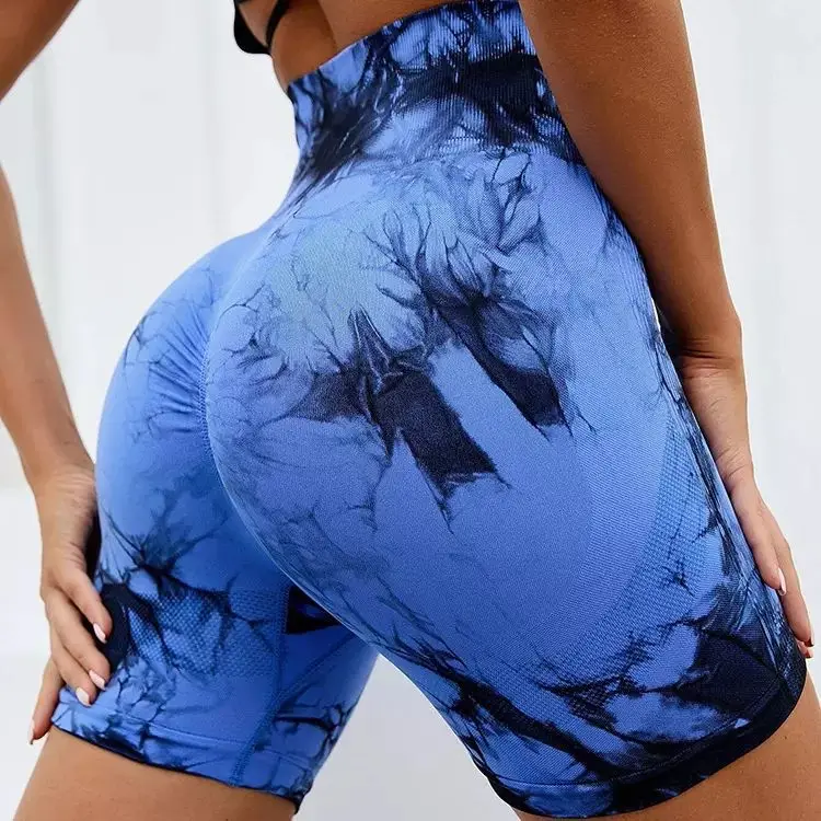Wholesale Manufacturer Women Sexy Tie Dye Shorts Scrunch Butt Lifting Tummy Control High Waist Quick Drying Sports Yoga Shorts