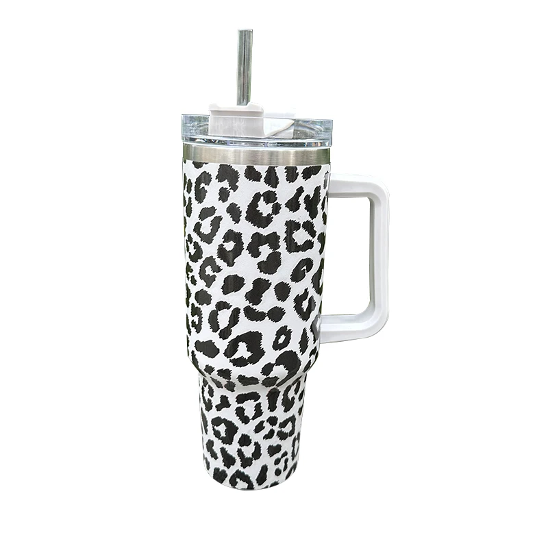 40oz White Cow Print Cowhide Western Insulated Tumbler With Handle