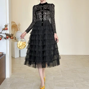ZYHT 45350 Prom Dresses Black Lace & Tulle Midi Dress with Long Sheer Sleeves Tiered Ruffle Dress Formal Dress