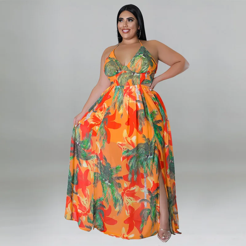 My921 New Arrivals Backless Floral Printed Summer Dress 2022 Xl 5xl Plus Size Maxi Dresses 1074