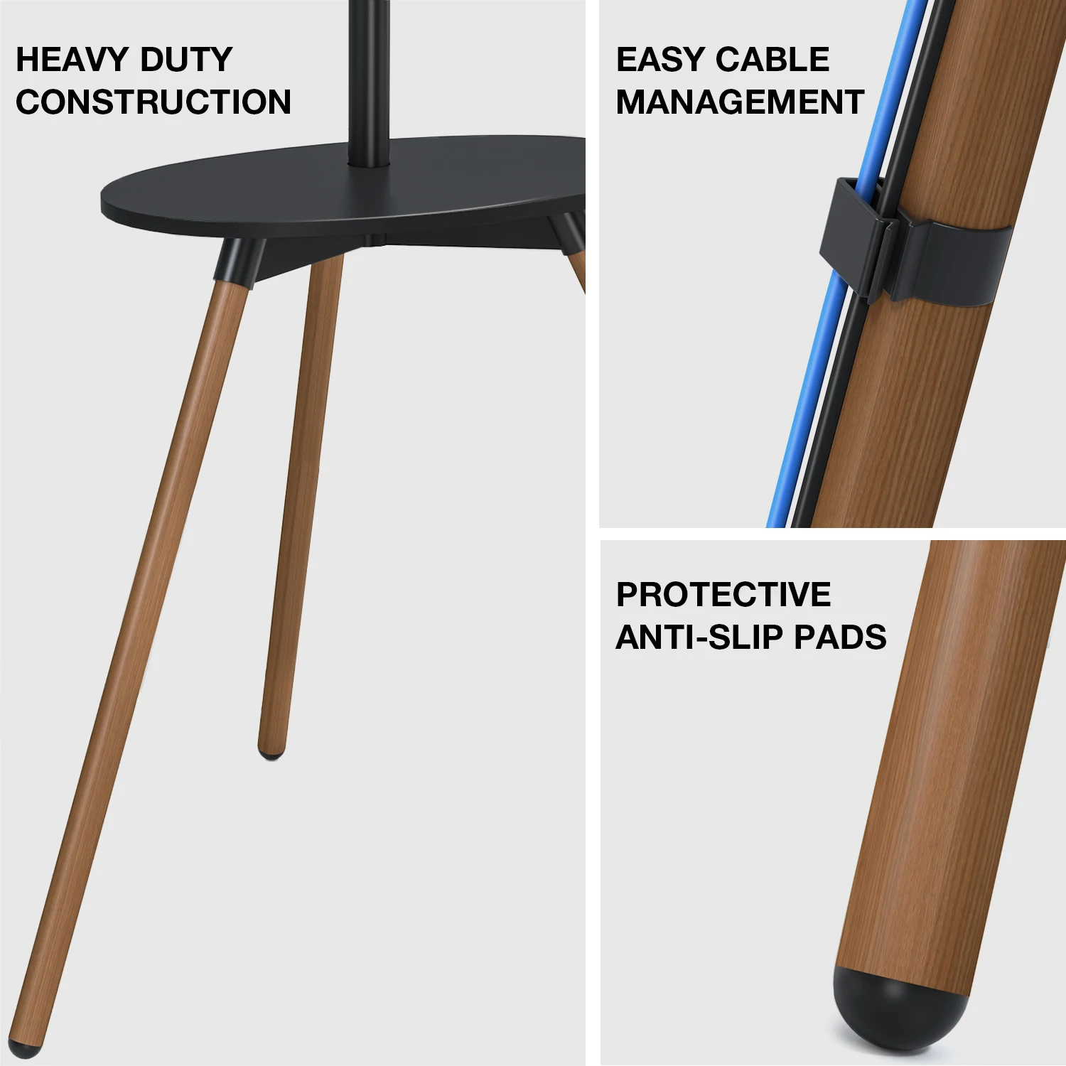 Alloy Steel with Heat Transfer Printing Walnut Tripod Stand, Easel TV Mount with Three Legs and Elliptic MDF Sounder Bar Shelf