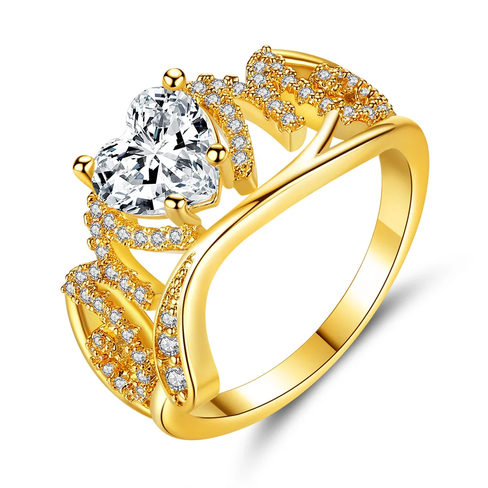 mujeres elegantes oro moda joyería amor carta rhinestone anillos